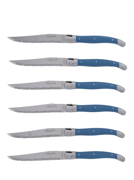 Laguiole Stainless Steel Steak Knives & Filled Knife Block, Set of 6, Arctic Blue - view 2, Blue
