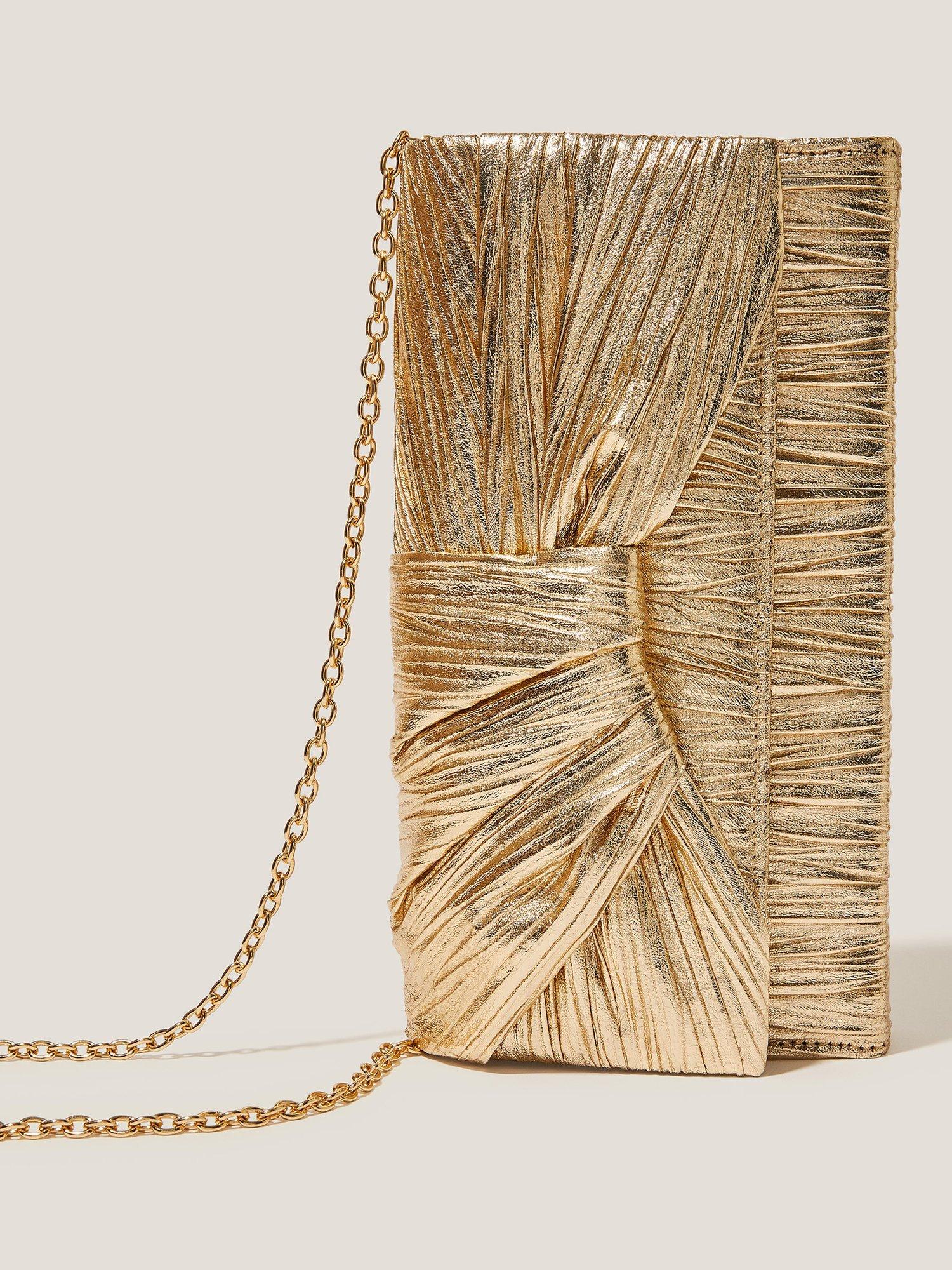 Product image 1 of 4, which shows Monsoon Mia Pleated Metallic Clutch Bag, Champagne