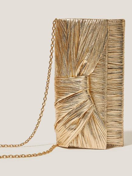 Monsoon Mia Pleated Metallic Clutch Bag, Champagne, Champagne