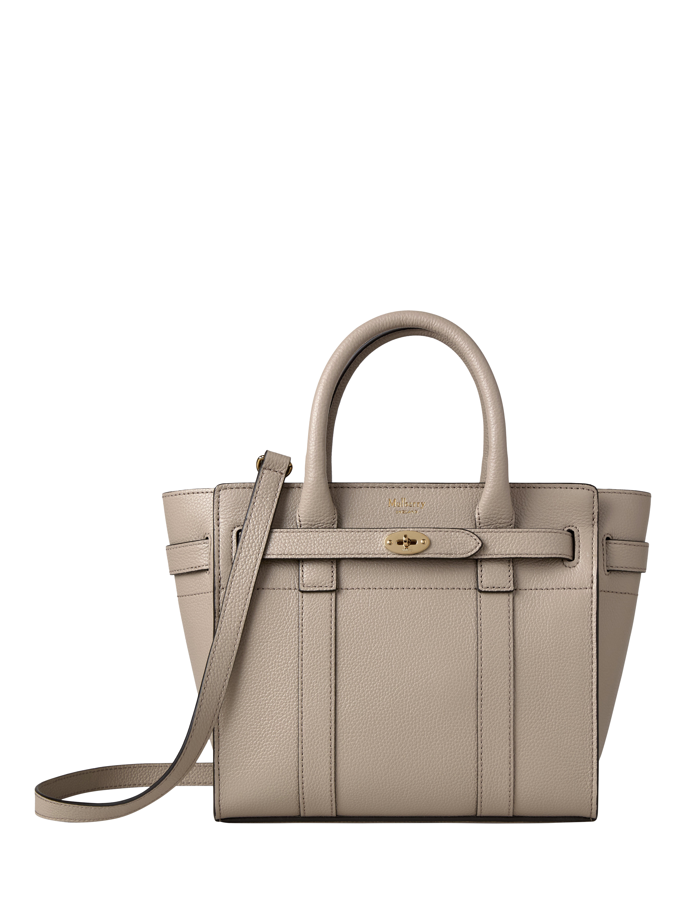 Product image 1 of 5, which shows Mulberry Mini Bayswater Zipped Classic Grain Leather Tote Bag, Cashmere Taupe