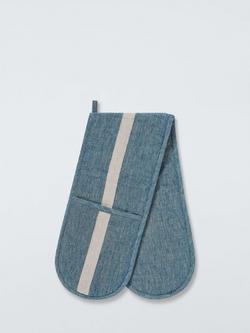 John Lewis Leckford Stripe Linen Double Oven Gloves, Blue, Blue