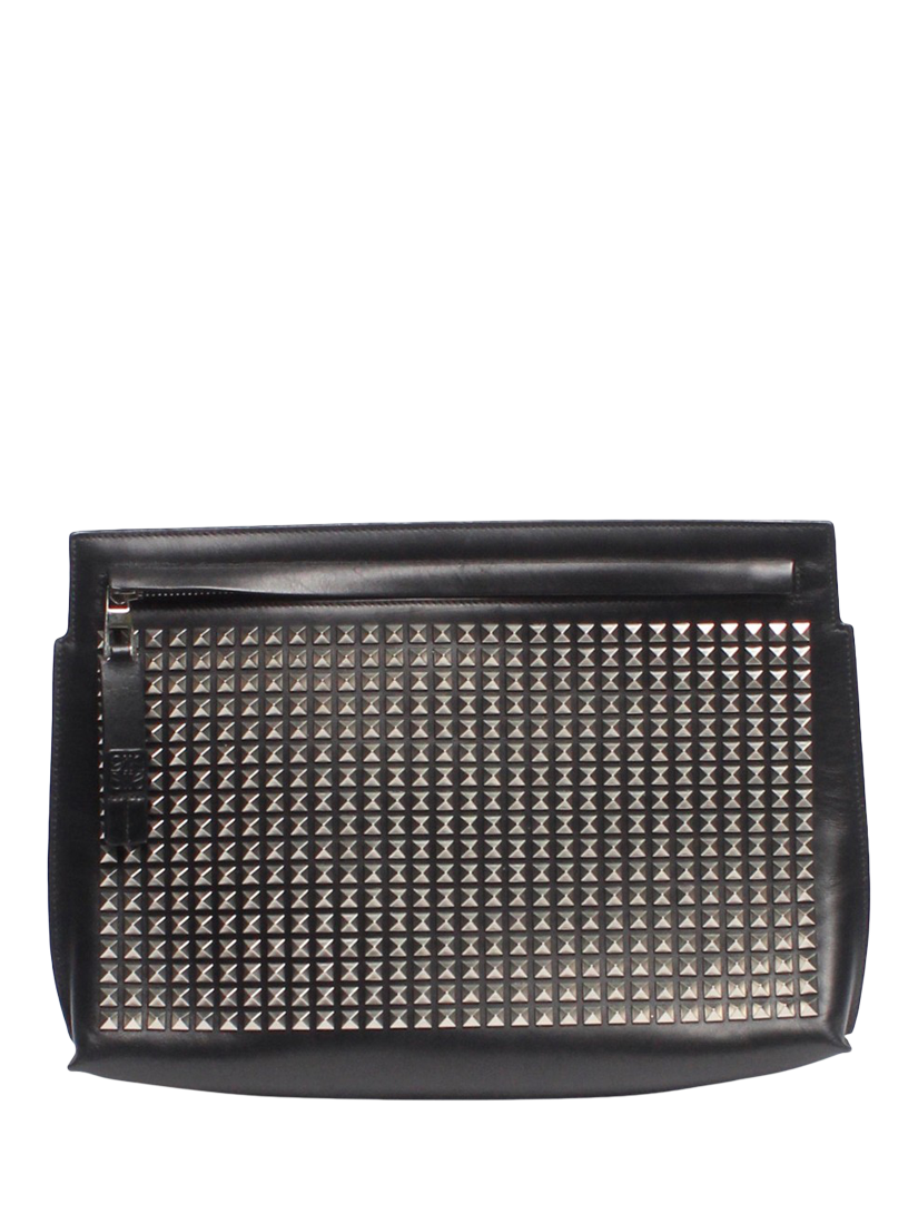 Product image 1 of 6, which shows Pre-loved LOEWE Studded T Pouch Clutch Bag, Black