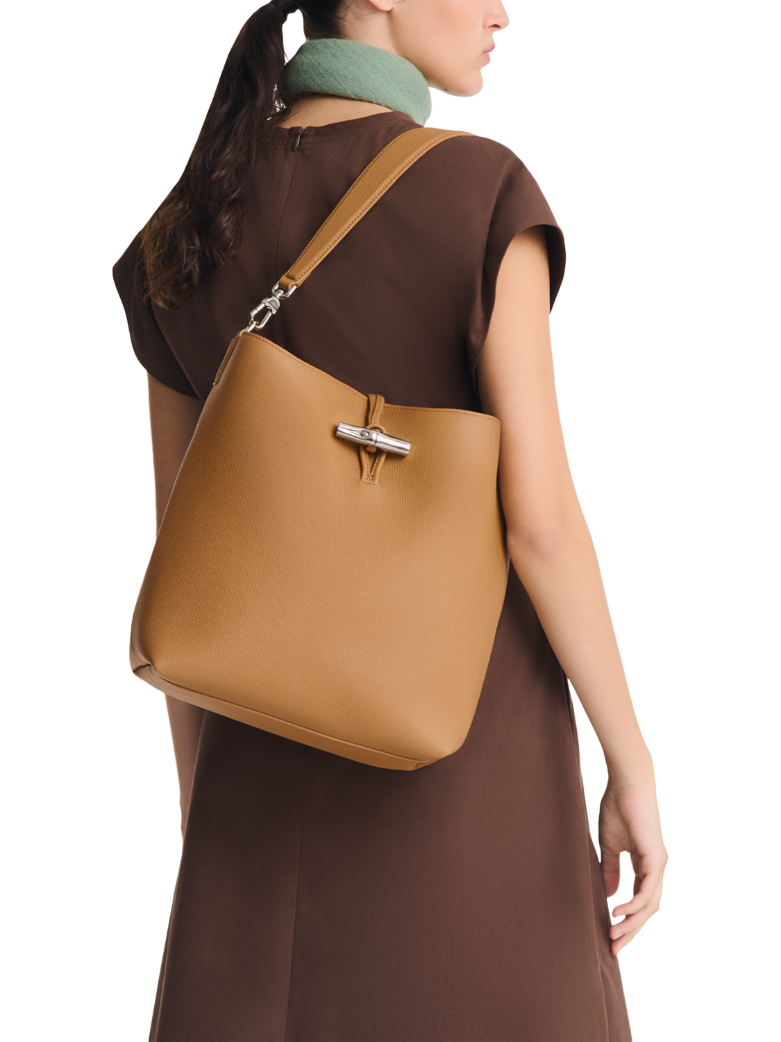 Product image 2 of 6, which shows Longchamp Le Roseau Leather Shoulder Bag, Bark