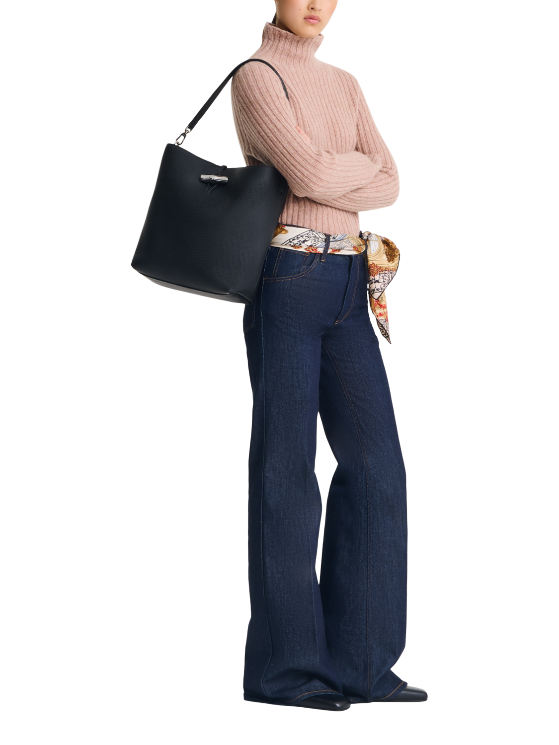 Product image 2 of 6, which shows Longchamp Le Roseau Leather Shoulder Bag, Black