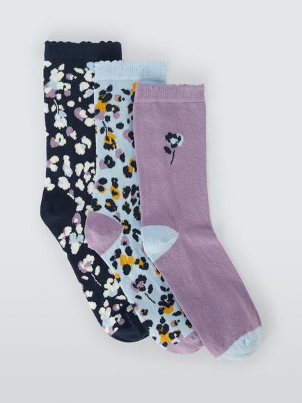 John Lewis Floral Ankle Socks, Pack of 3, Multi, Multi