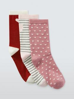 John Lewis Hearts & Stripes Ankle Socks, Pack of 3, Pink/Multi, Pink/Multi