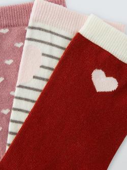 John Lewis Hearts & Stripes Ankle Socks, Pack of 3, Pink/Multi - view 2, Pink/Multi