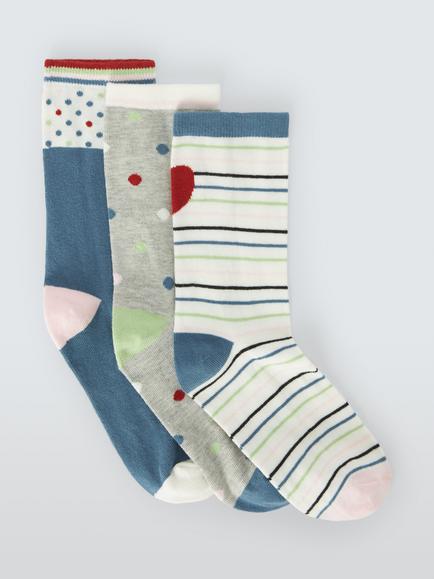 John Lewis Spots & Stripes Ankle Socks, Pack of 3, Grey, Grey