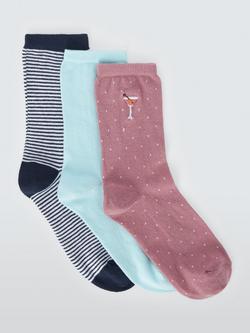 John Lewis Cocktails Embroidery Ankle Socks, Pack of 3, Blue, Blue