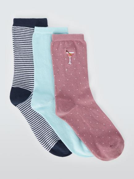 John Lewis Cocktails Embroidery Ankle Socks, Pack of 3, Blue, Blue