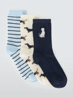 John Lewis Dogs Embroidery Ankle Socks, Pack of 3, Blue, Blue