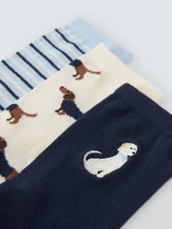 John Lewis Dogs Embroidery Ankle Socks, Pack of 3, Blue - view 2, Blue