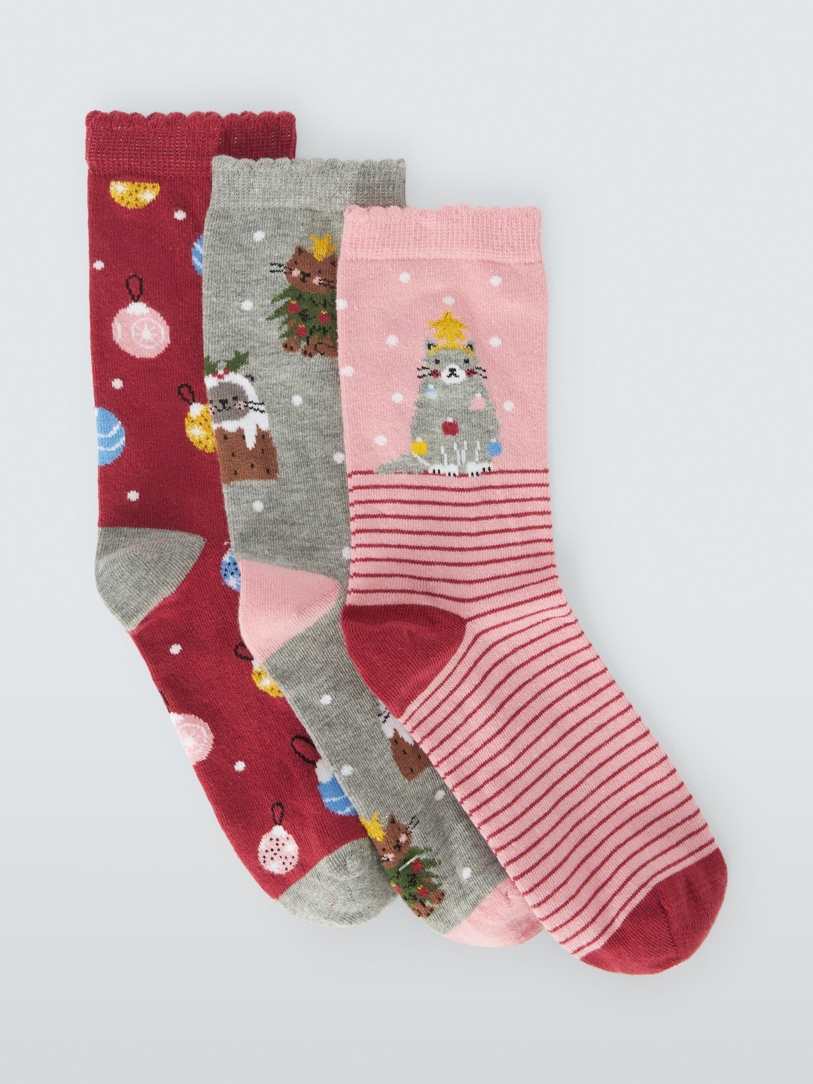 Product image 1 of 2, which shows John Lewis Christmas Cats Socks, Pack of 3, Multi