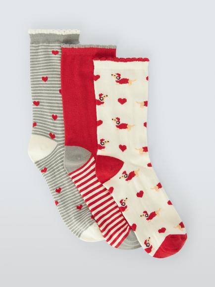 John Lewis Christmas Dogs Socks, Pack of 3, Multi, Red/Multi