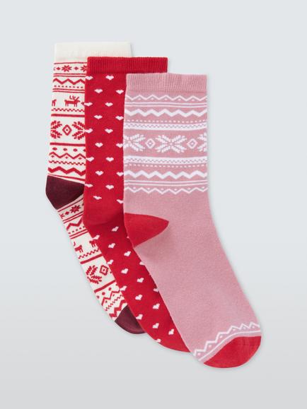 John Lewis Christmas Fairisle Ankle Socks, Pack of 3, Pink, Pink