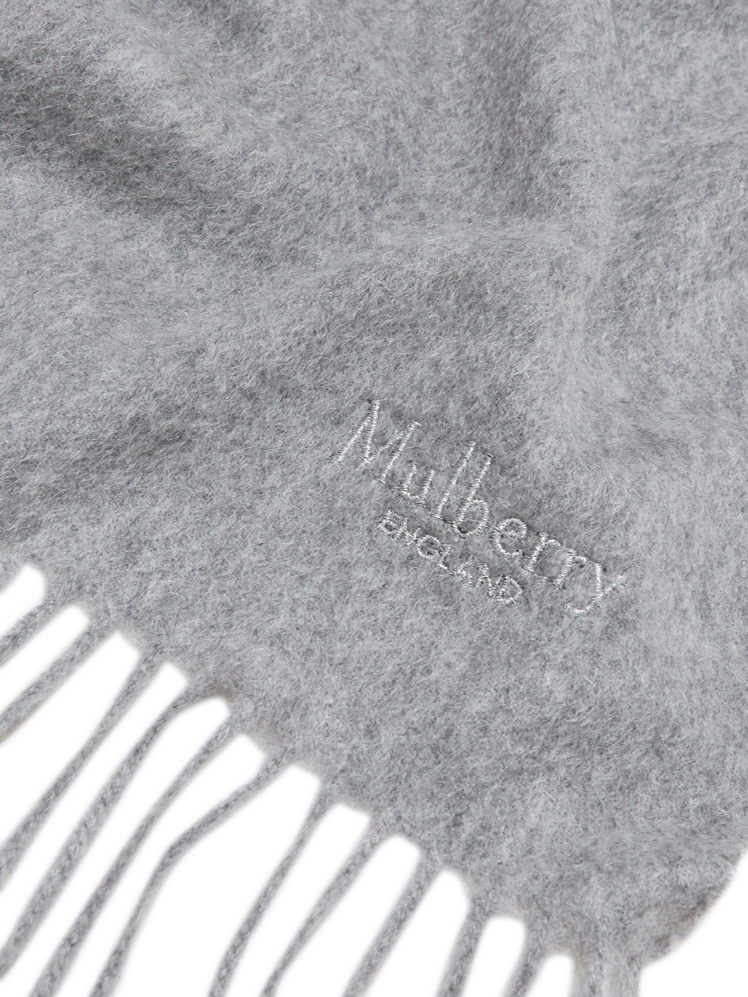 Product image 2 of 3, which shows Mulberry Cashmere Fringe Scarf, Light Grey Melange