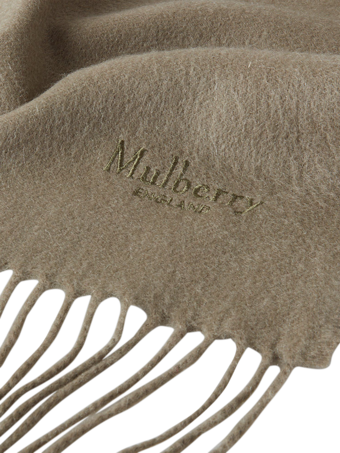 Product image 3 of 3, which shows Mulberry Cashmere Fringe Scarf, Olive