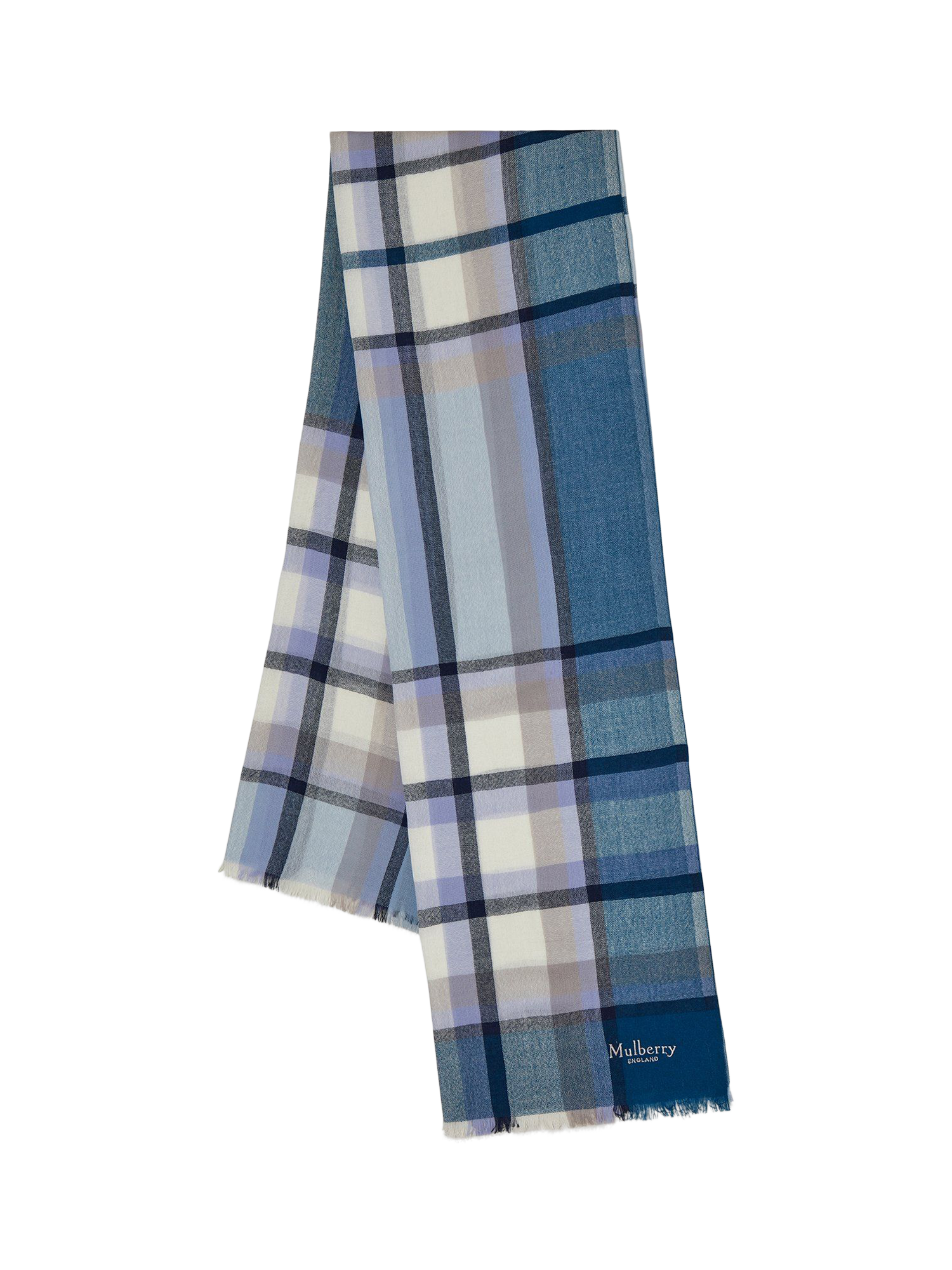 Product image 1 of 2, which shows Mulberry Mega Check Lambswool Rich Scarf, Poplin Blue/Ecru