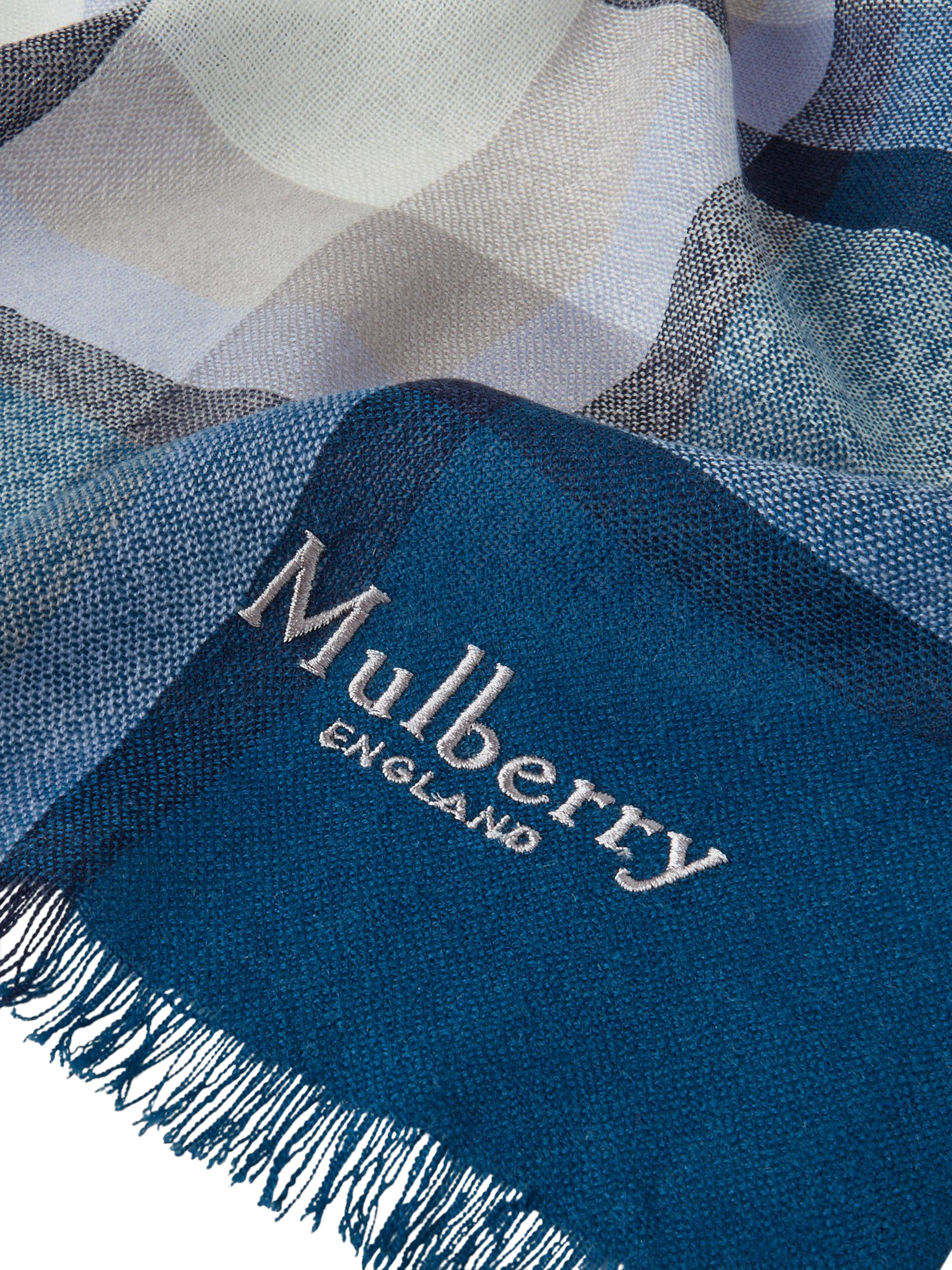 Product image 2 of 2, which shows Mulberry Mega Check Lambswool Rich Scarf, Poplin Blue/Ecru