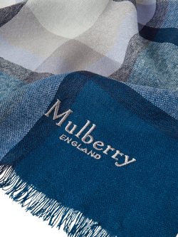 Mulberry Mega Check Lambswool Rich Scarf, Poplin Blue/Ecru - view 2, Poplin Blue/Ecru
