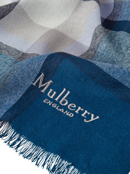 Mulberry Mega Check Lambswool Rich Scarf, Poplin Blue/Ecru - view 2, Poplin Blue/Ecru