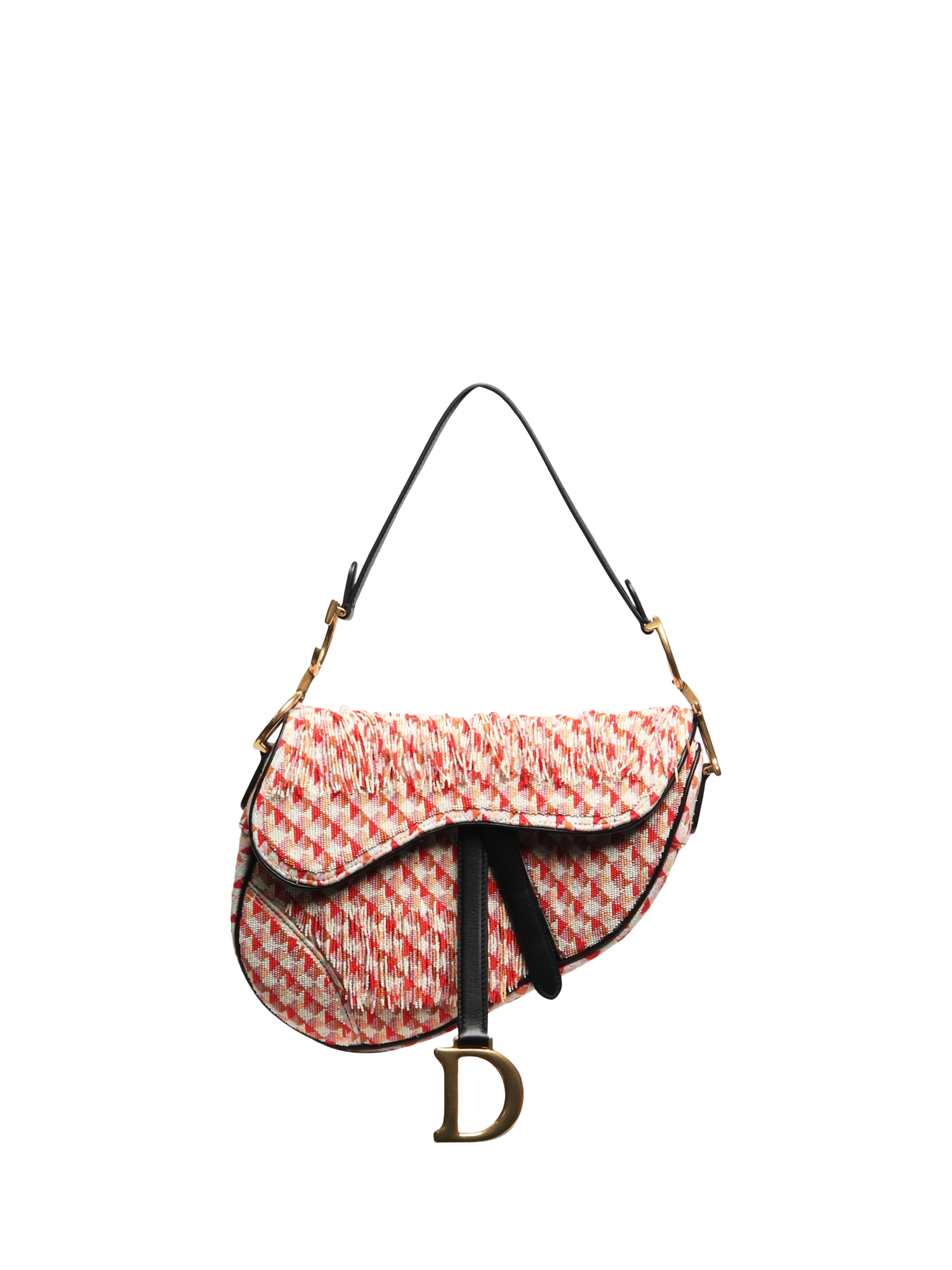 Product image 1 of 10, which shows Pre-loved Christian Dior 2018 Leather Trim Beaded Saddle Bag, Red/Pink