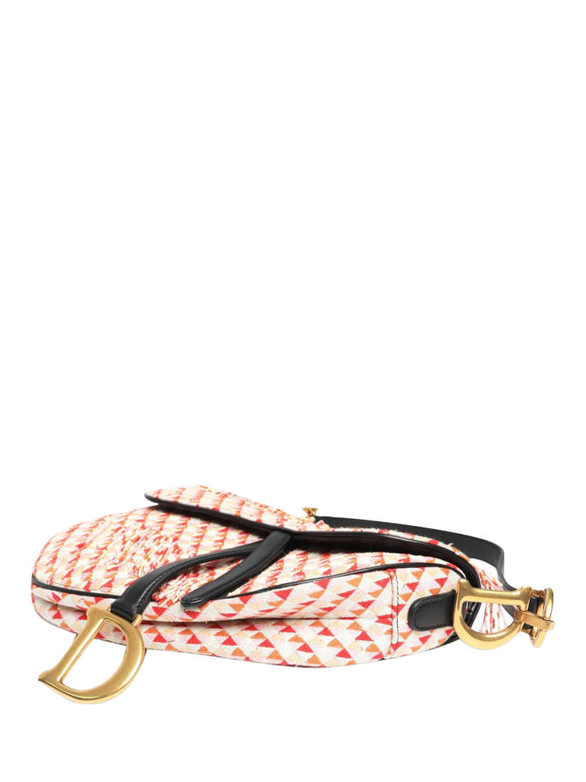 Product image 5 of 10, which shows Pre-loved Christian Dior 2018 Leather Trim Beaded Saddle Bag, Red/Pink
