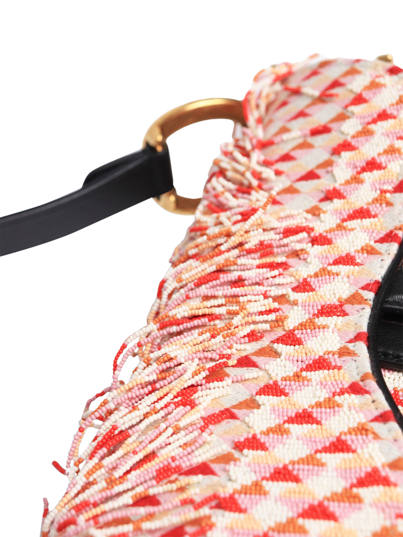 Product image 7 of 10, which shows Pre-loved Christian Dior 2018 Leather Trim Beaded Saddle Bag, Red/Pink