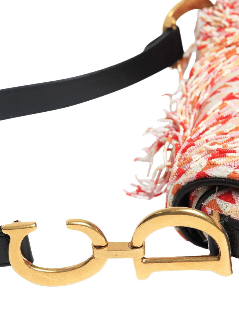 Product image 8 of 10, which shows Pre-loved Christian Dior 2018 Leather Trim Beaded Saddle Bag, Red/Pink