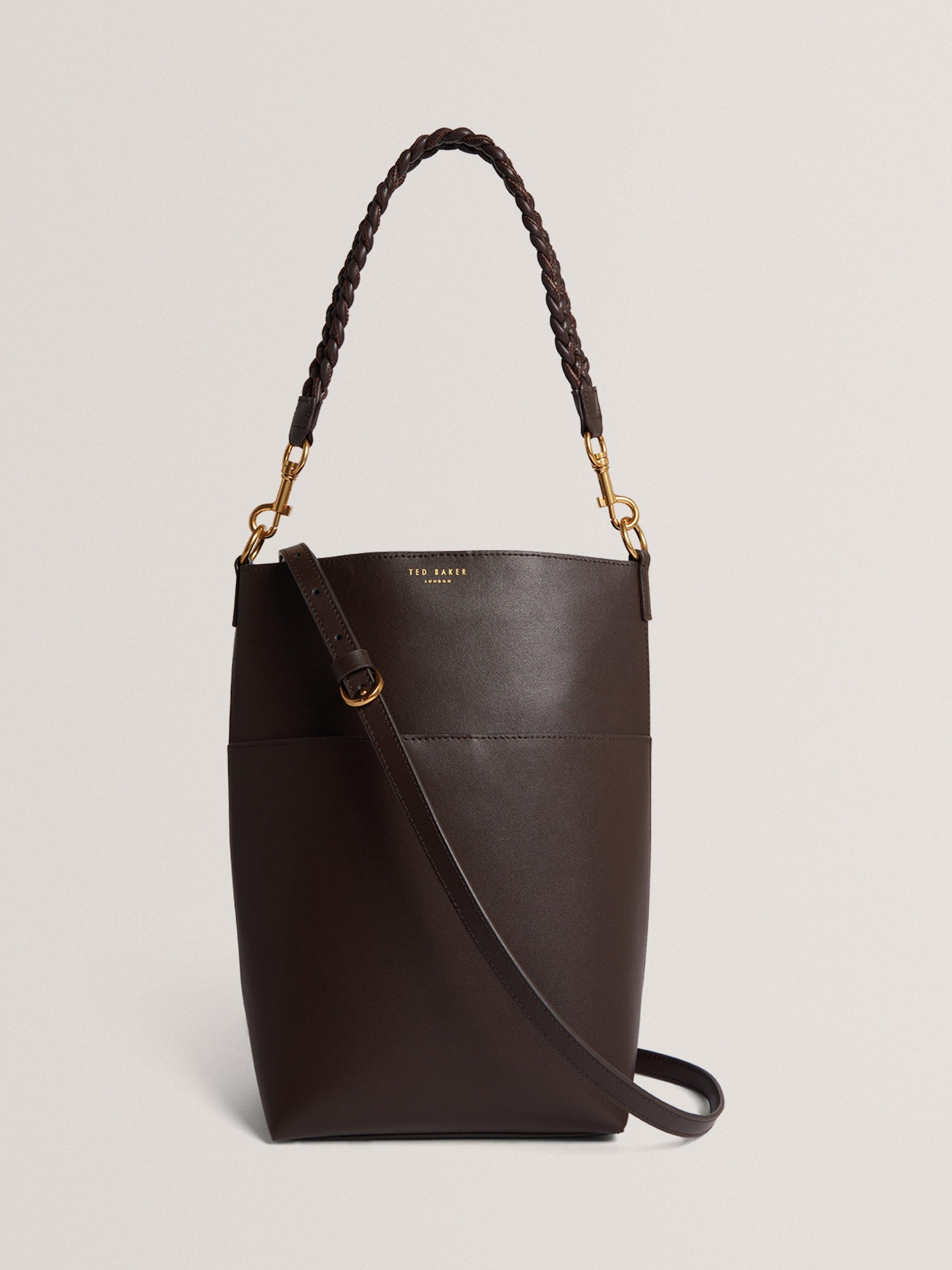 Product image 1 of 5, which shows Ted Baker Wannda Leather Weave Bucket Bag, Brown Choc
