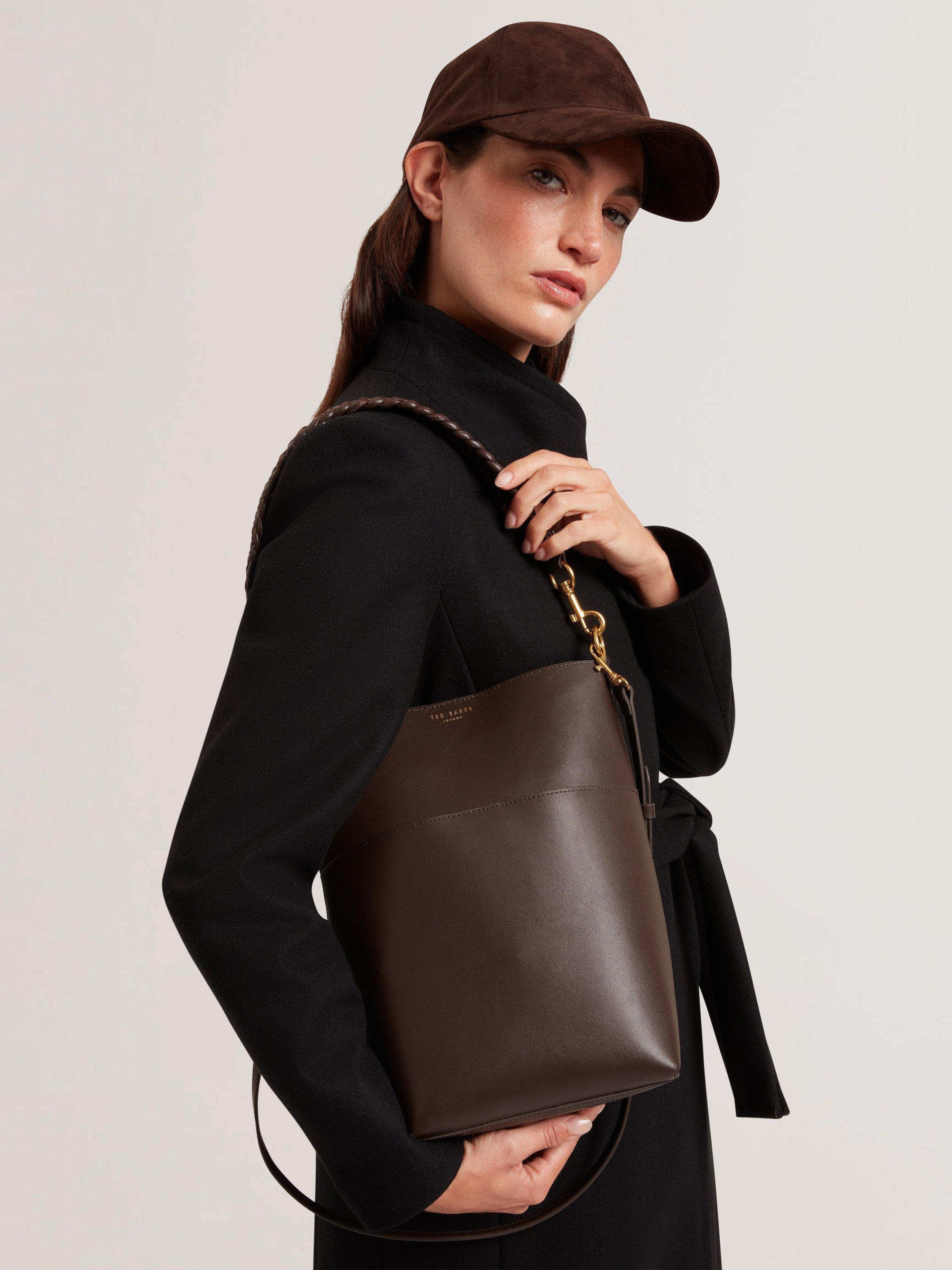 Product image 2 of 5, which shows Ted Baker Wannda Leather Weave Bucket Bag, Brown Choc