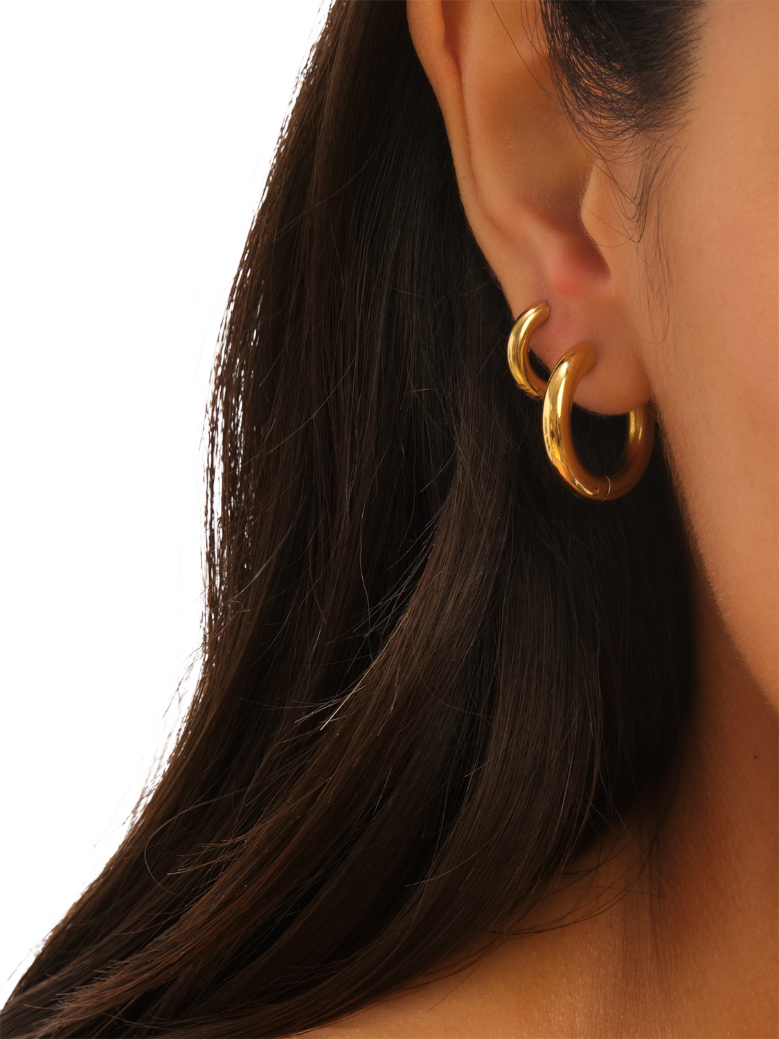 Product image 2 of 11, which shows Jon Richard Waterproof Medium Chubby Hoop Earrings, Gold
