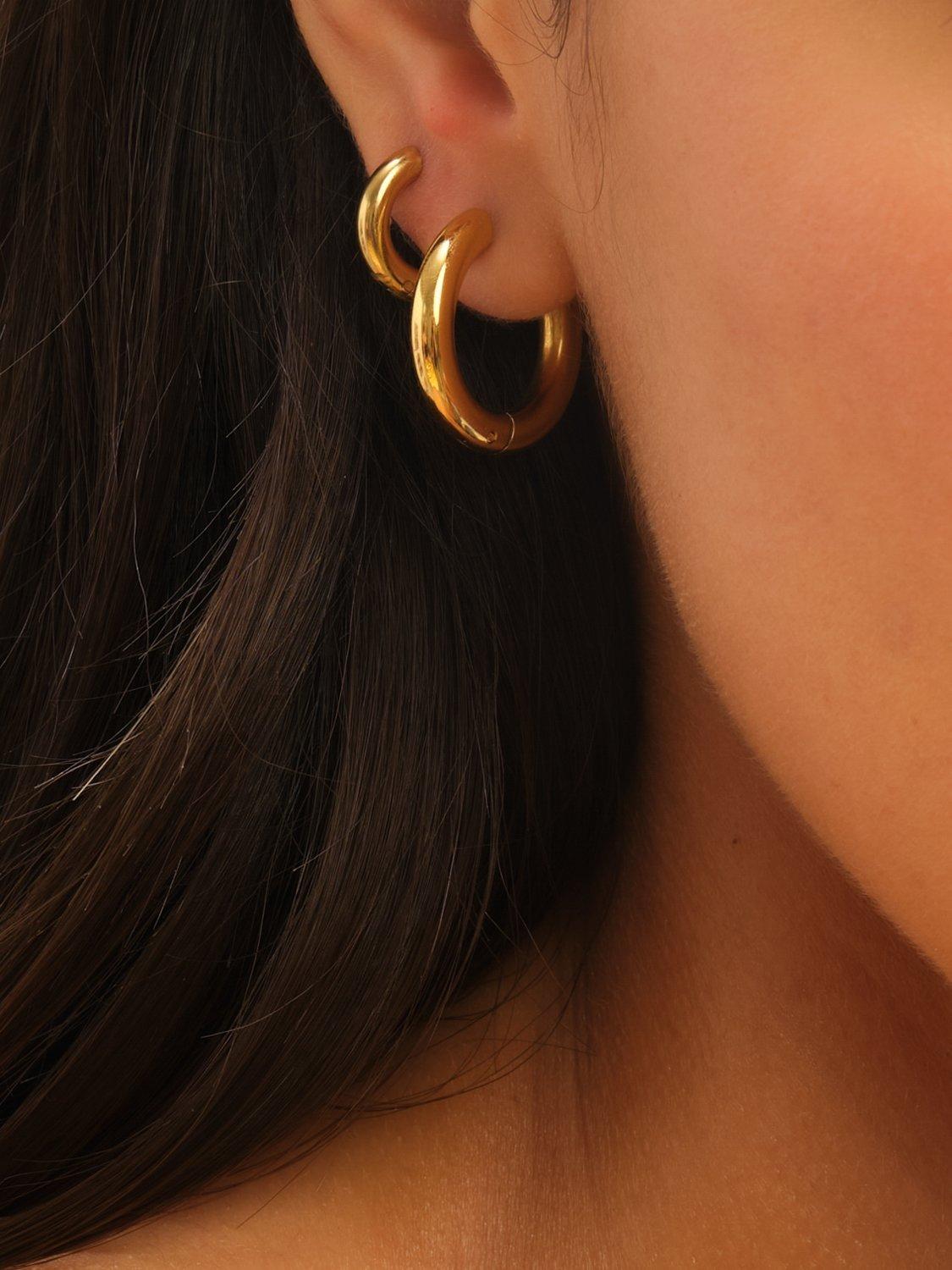 Product image 2 of 11, which shows Jon Richard Waterproof Small Chubby Hoop Earrings, Gold