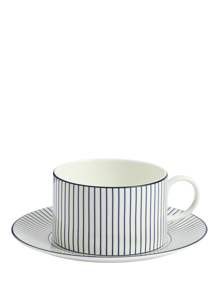 Wedgwood Gio Pinstripe Bone China Tea Cup & Saucer, 235ml, White/Blue, Blue/White