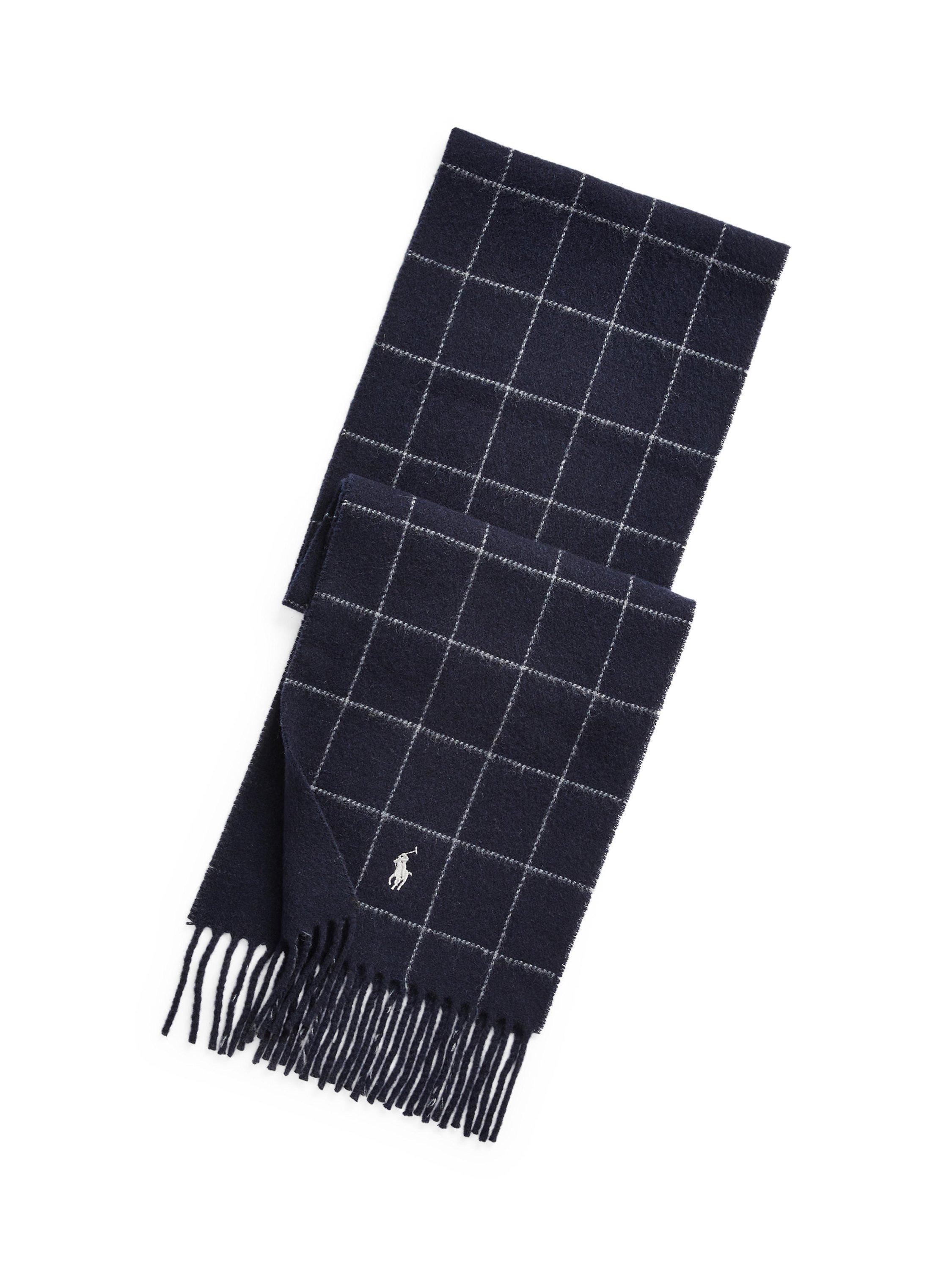 Ralph Lauren Reversible Window Pane Check & Plain Scarf, Blue Navy