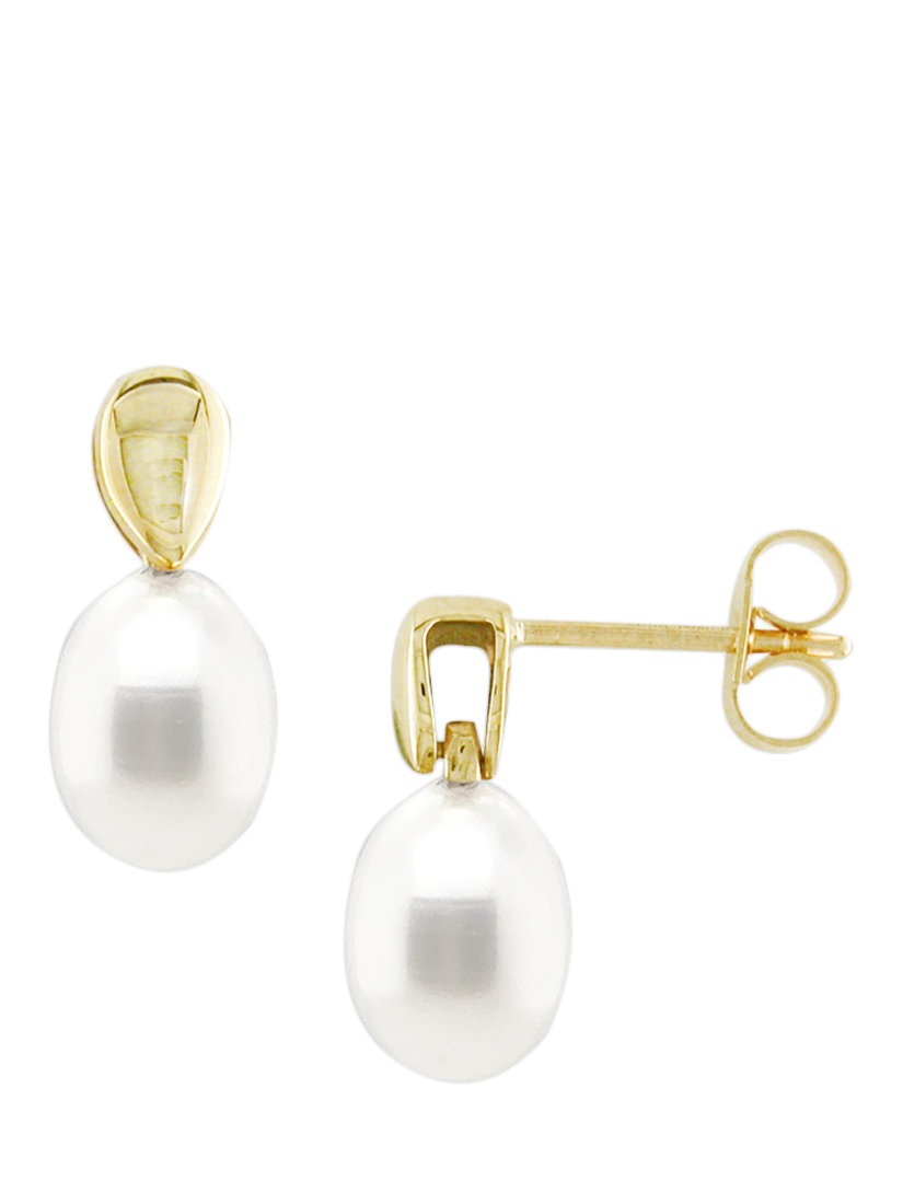 Product image 1 of 3, which shows E.W Adams 9ct Gold Freshwater Pearl Bail Drop Earrings, Gold/White
