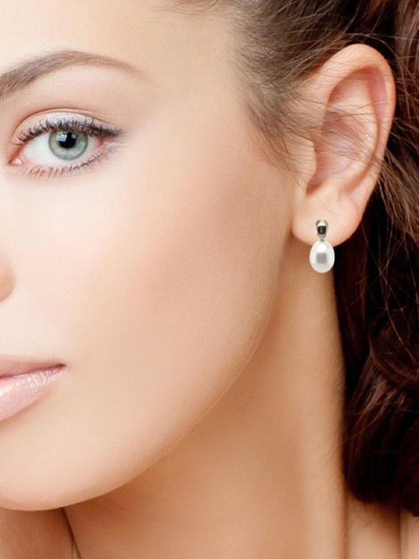 Product image 2 of 3, which shows E.W Adams 9ct Gold Freshwater Pearl Bail Drop Earrings, Gold/White