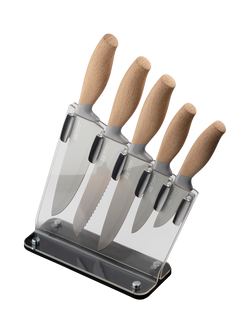 Taylor's Eye Witness Brooklyn Acrylic Filled Knife Block Set with Beech Effect Handles, 5 Piece, Clear/Beech