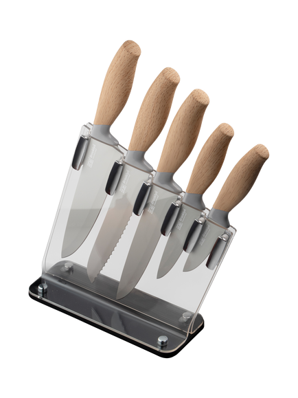 Taylor's Eye Witness Brooklyn Acrylic Filled Knife Block Set with Beech Effect Handles, 5 Piece, Clear/Beech