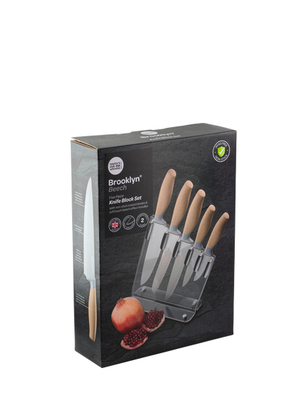 Taylor's Eye Witness Brooklyn Acrylic Filled Knife Block Set with Beech Effect Handles, 5 Piece - view 2, Clear/Beech