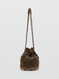Mango Meyes Beaded Fringe Drawstring Bag, Beige - Khaki