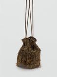 Mango Meyes Beaded Fringe Drawstring Bag, Beige - Khaki