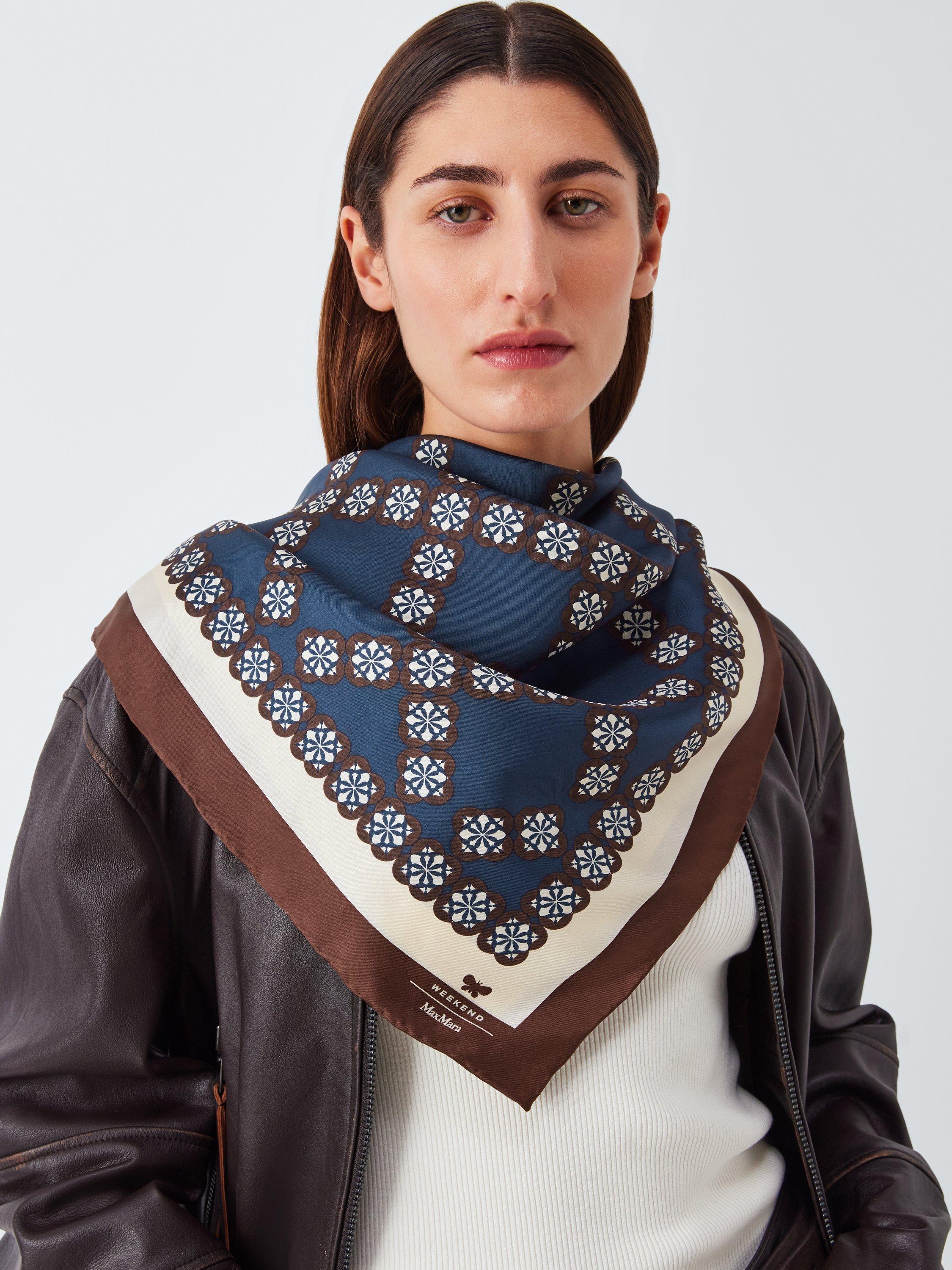 Weekend MaxMara Onesto Geometric Floral Pure Silk Scarf, Brown/Navy