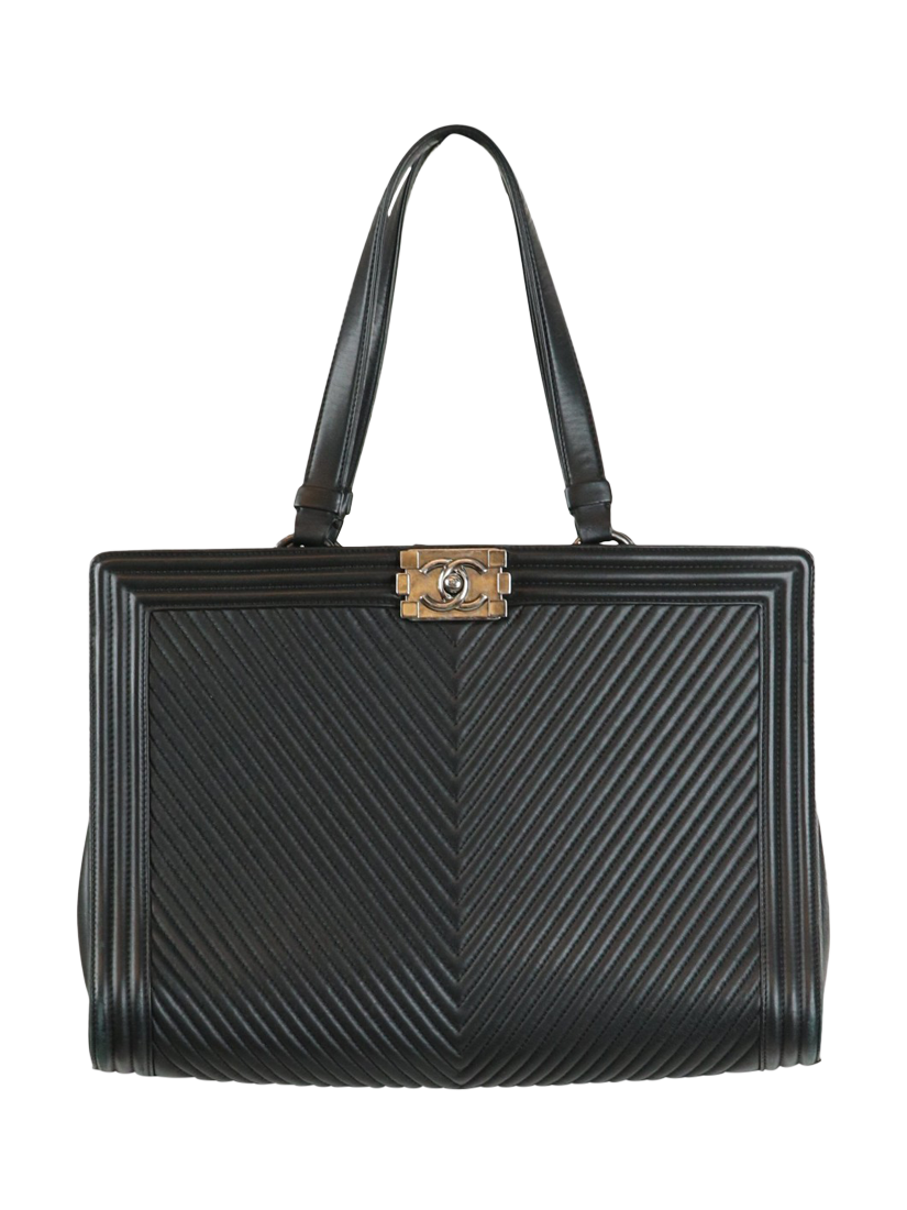 Product image 1 of 9, which shows Pre-loved CHANEL 2014 Lambskin Chevron-Quilted Boy Tote Bag, Black