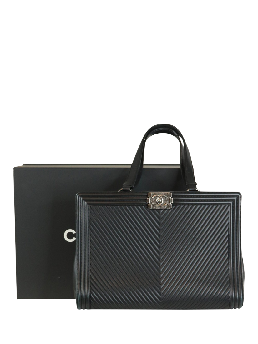 Product image 9 of 9, which shows Pre-loved CHANEL 2014 Lambskin Chevron-Quilted Boy Tote Bag, Black