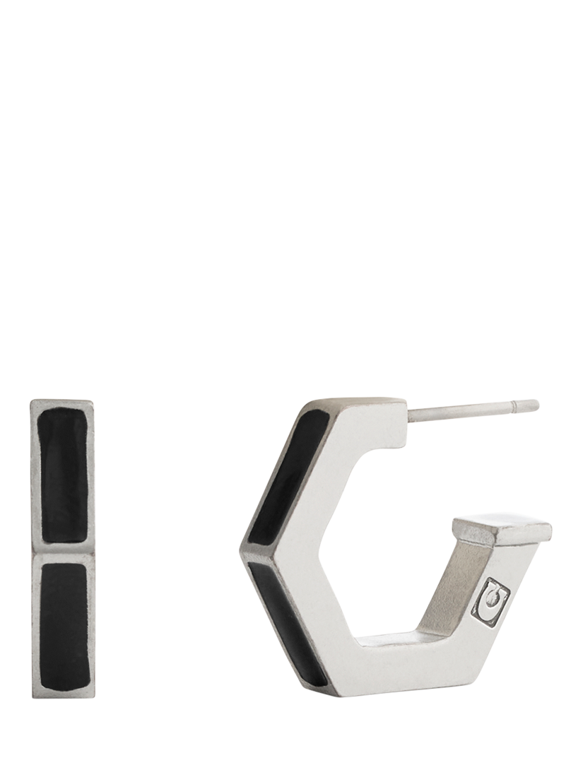 Product image 1 of 2, which shows Coach Hexagon Enamel Huggie Earrings, Antique Silver