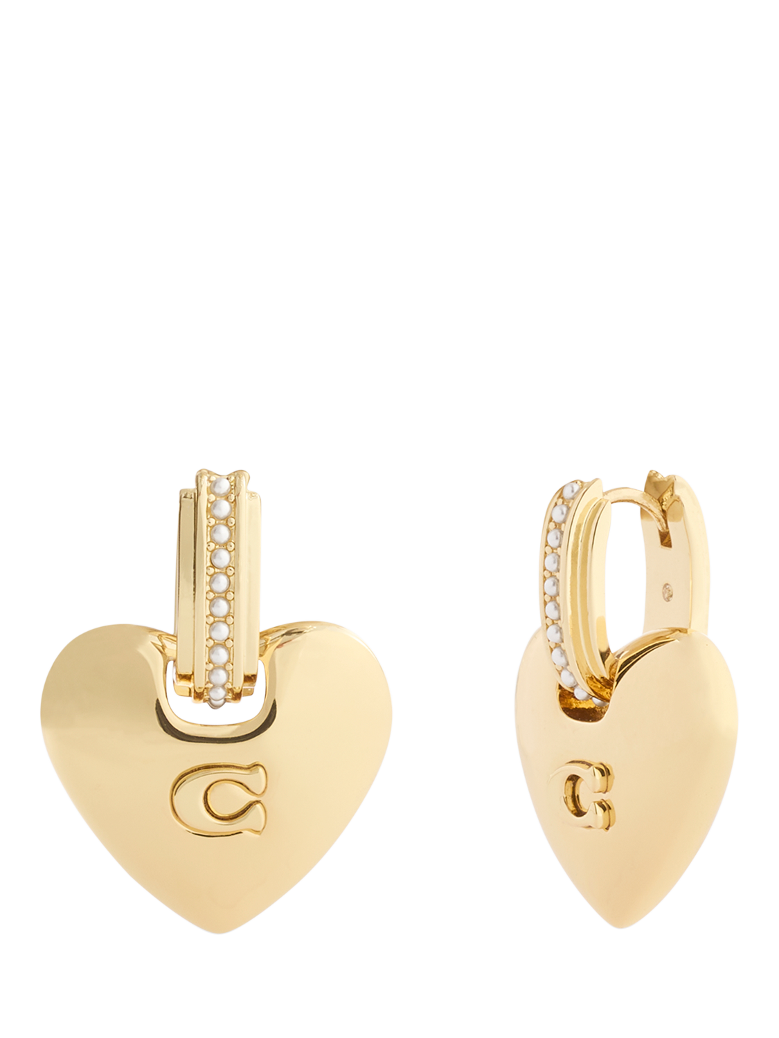 Product image 1 of 2, which shows Coach Signature C Heart Drop Earrings, Gold