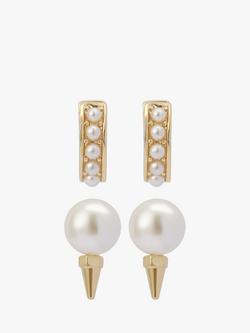 AllSaints Pearl Huggie and Stud Earrings, Pack of 2 Pairs, Shiny Gold, Shiny Gold