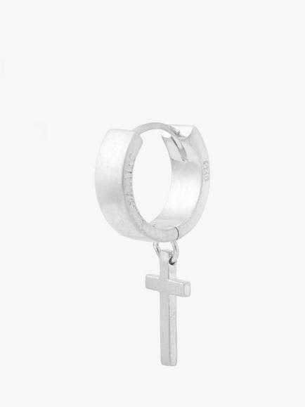 AllSaints Sterling Silver Minimal Cross Huggie Hoop Earrings, Shiny Silver