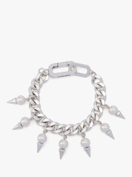 AllSaints Spiked Pearl Curb Chain Choker Bracelet, Warm Silver, Warm Silver